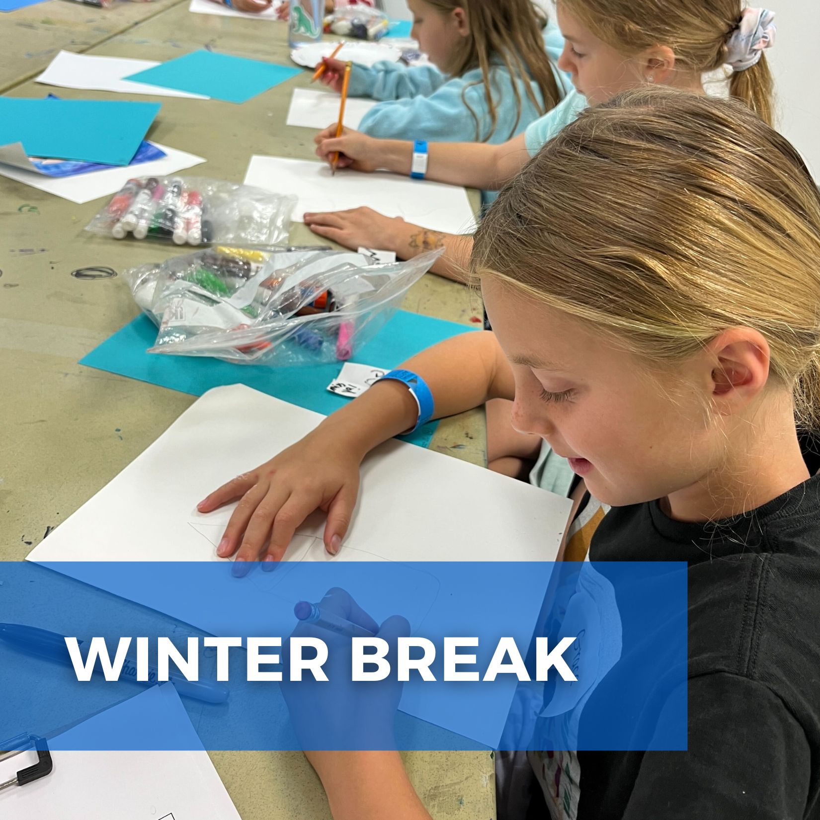 Three children drawing on paper using pencils. Text that says, "Spring Break"
