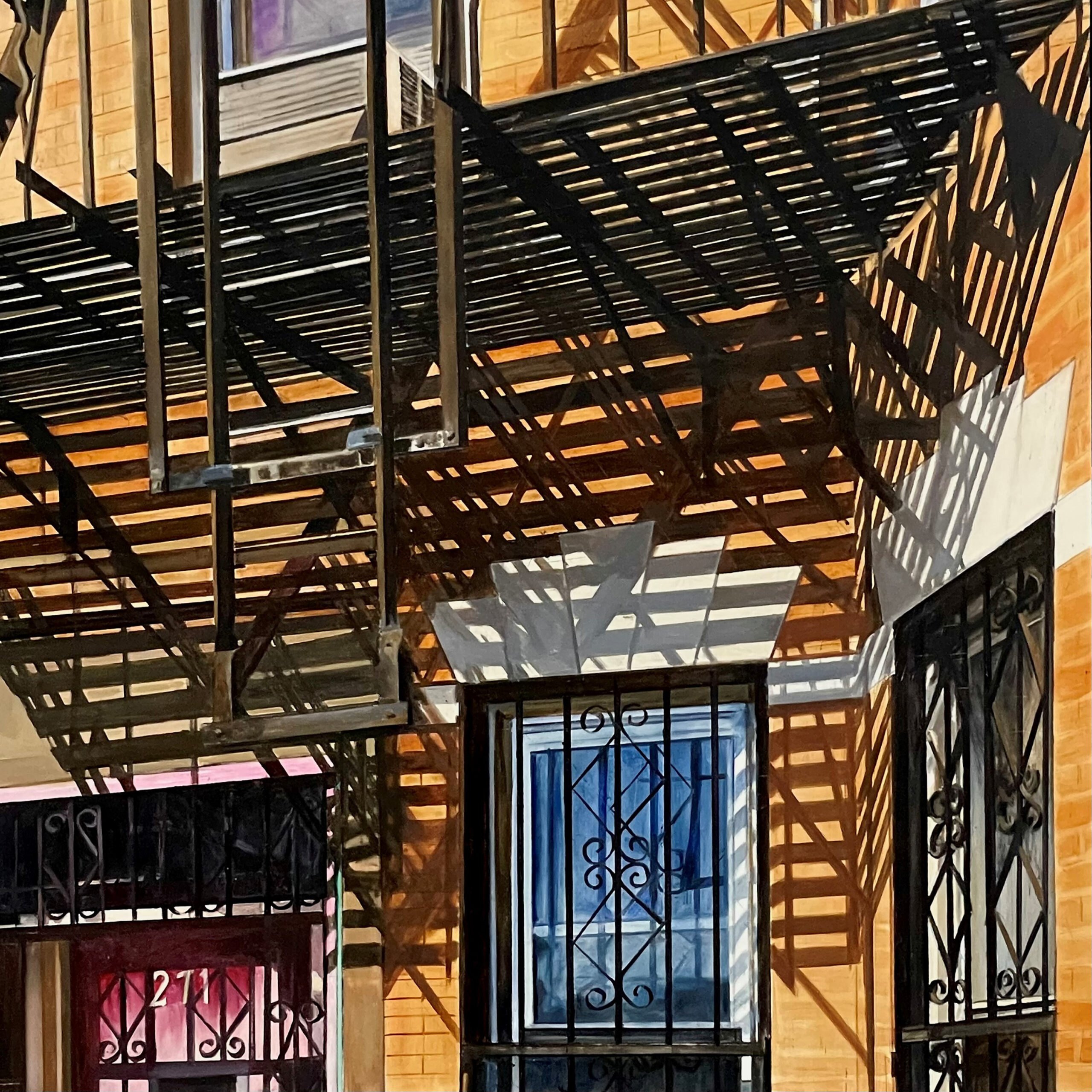 Allan Gorman, Shadows at 271, 2023 Oil on panel 36 x 30 inches. Shows an orange apartment building with a fire escape.