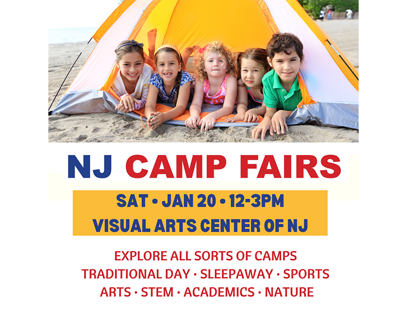 Fives kids laying down in a tent on the beach. Text says, "NJ Camp Fairs. Saturday January 20, 12-3 pm. Visual Arts Center of NJ. Explore all sorts of camps. Traditional day, sleepaway, sports, arts, stem, academies, nature."