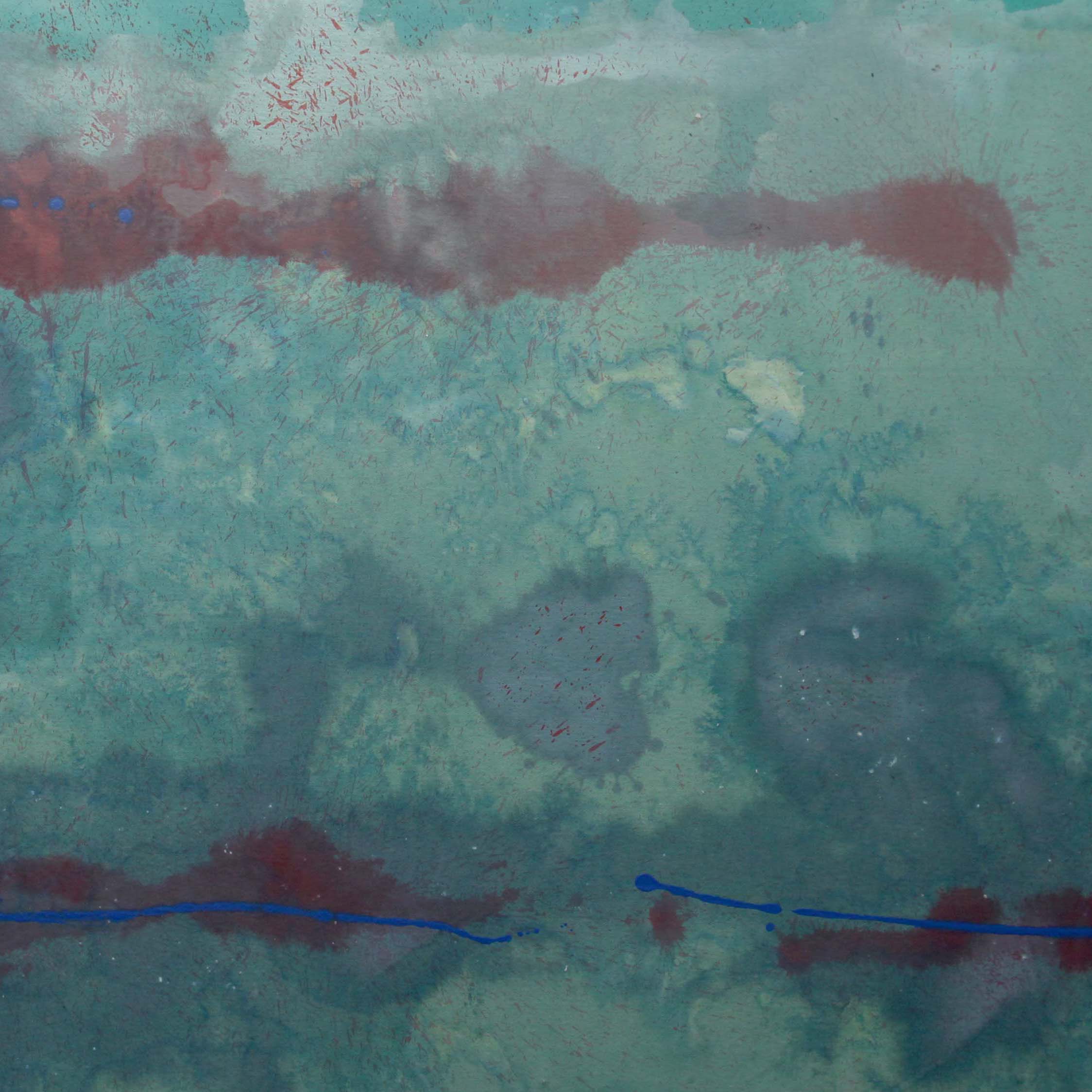 Howard Natheson, Aqua Marks, 2020 Acrylic on canvas 38 x 60 inches. Shows blue and purple splotches of paint against a lighter blue background.