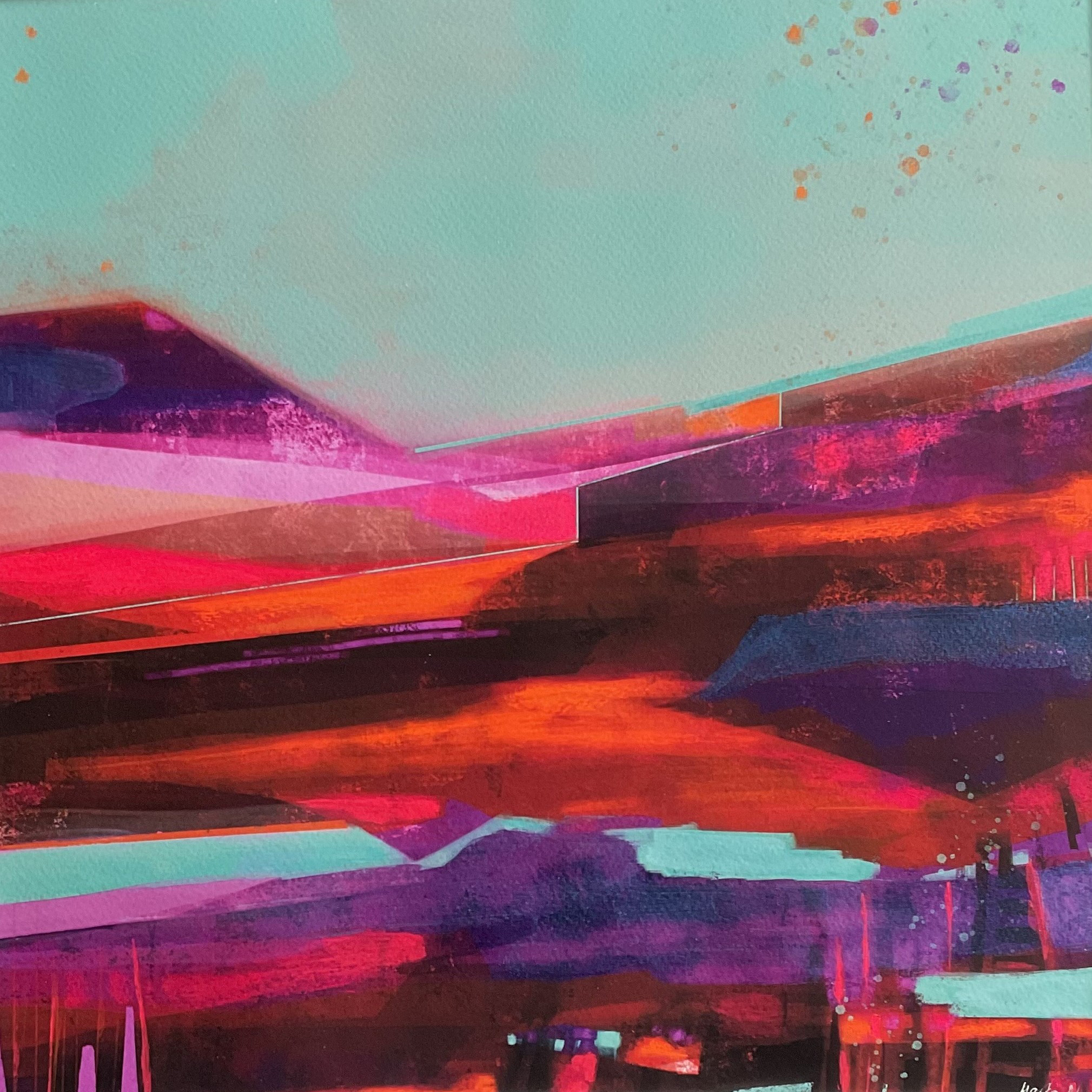 Marta Nowicka, Beautiful Memories, 2022 Mixed media 14 x 14 inches. Shows pink, blue and purple blocks forming a mountain landscape.