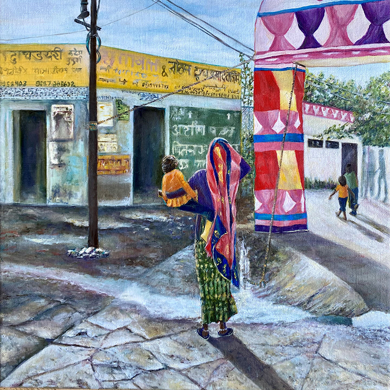 Kiran K. Dhaliwal Dilemma (Details), 2023 Oil on linen 20 x 24 inches. Shows a woman in colorful, traditional Indian clothes holding a small child. She is looking ahead at a building covered in writing.