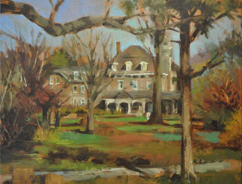 Plein Air Painting of a house behind several trees.