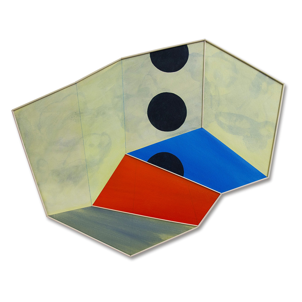 Yvette Cohen Building a Square No. 31-2, 2024 Acrylic and wood dowels on shaped canvas 25 x 32 inches. The painting is a play on perspective; the blue, red, and gray floor doesn't lie straight and the black circles travel past the wall and onto the floor.