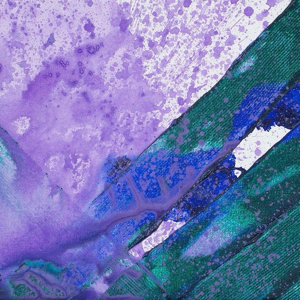 Lloyd Decker Houdini, 2022 Acrylic on canvas board 16 x 20 inches. It features green diagonal strokes of paint on the bottom right against a white background. The left half of the canvas is filled with purple paint splatters.