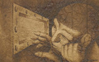 Todd (Hyung-Rae) Tarselli's Solitary, a 15 x 11 inch portrait of a man looking at a food slot. It was made using instant coffee on a paper bag.