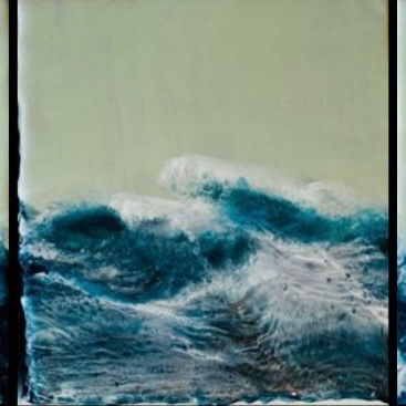 This is one of Claudia Munne's 8 x 8 inch encaustics on wood. It is called Splashes VI (2024) and features waves crashing into each other.