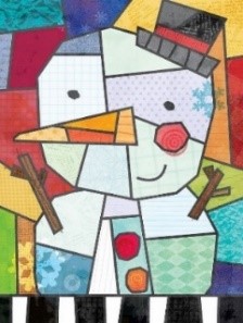 A Picasso-inspired snowmen. The page is split up into block of color, with the snowman blocks, being white and light blue and the background blocks having the whole rainbow. The snowman is sporting two twig arms, a carrot nose, a red and orange button on its body, and a black hat.