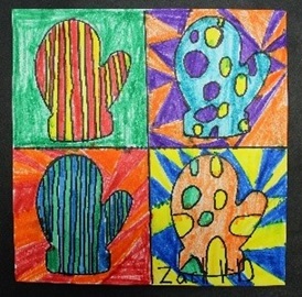 Four pop art mittens. The right two are spotted against triangle backgrounds, while the left two have vertical lines against solid color and striped backgrounds.