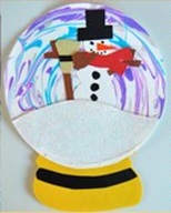 This is a mixed media project of a snow globe. The globe is represented by a paper plate, with a felt snow man on top.