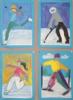 There are 4 pictures, each starring one person participating in a winter sport. The ones are the left are ice skating, while the top right is playing hockey and the bottom right is skiing. Each of these painting are made using pastels.