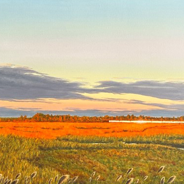 Cheesequake Sunset (detail) by Bruce McClellan. Below the cloudy sunset sits an orange mountain and terrain, which opens up to a grassy field.