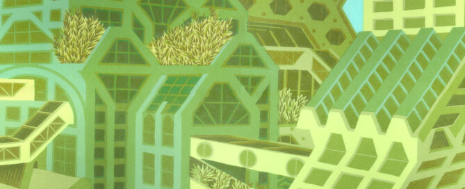 A 15 x 20 inch print by Michael Dal Cerro, called Rising Waters. Made in 2024, it features a green city filled with plants and abstract architecture in the middle of water. Shown in courtesy of the artist.