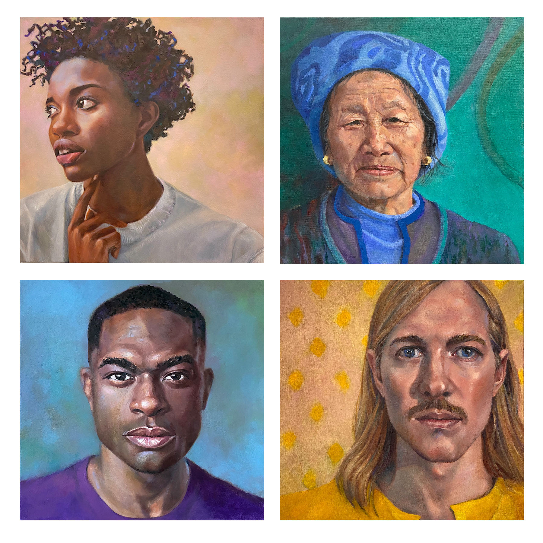 A 16 x 16 inch oil on canvas painting by Carol Cassel Baker (2022). It is split into four smaller portraits, each featuring a different person. Going clockwise, they are called: Contemplation, Wise Woman with Hat, Blonde Brian, and Intensity.