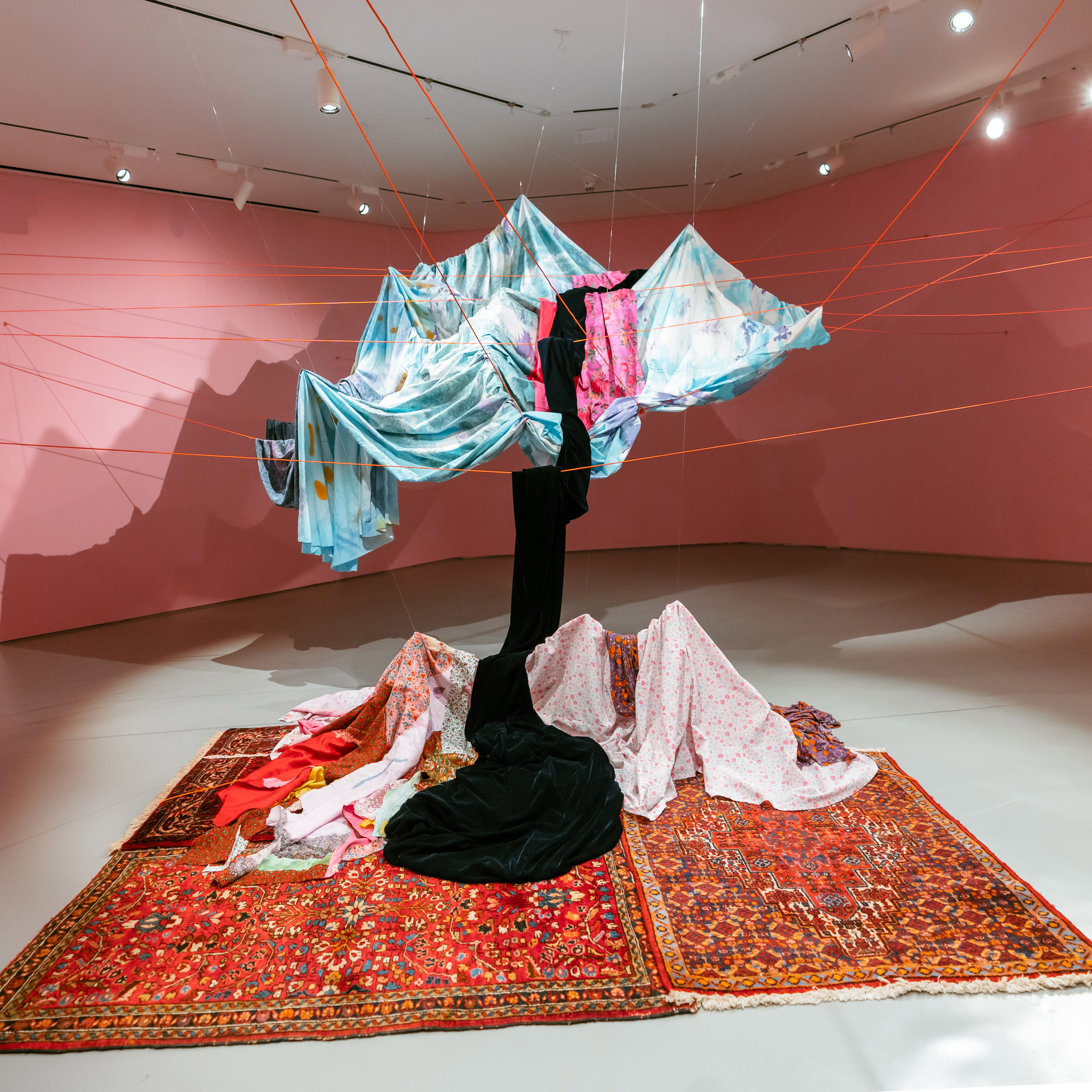 Articles of blue, pink, white, and black cloth suspended by string. The black fabric connects the top and bottom segments, which lay on a red rug.
