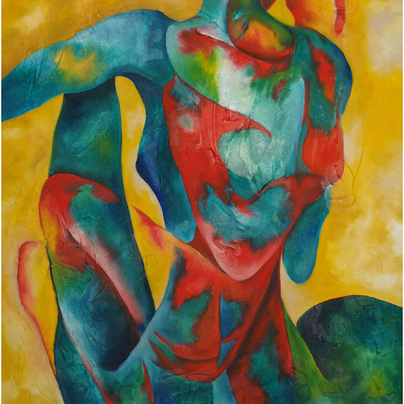 An abstract oil painting with bold, blended colors of blue, red, green, and hints of yellow forming overlapping, intertwined human-like figures. The bodies are fragmented yet connected, creating a sense of movement and intimacy. The background is a warm golden yellow, contrasting sharply with the cool and vibrant tones of the figures.