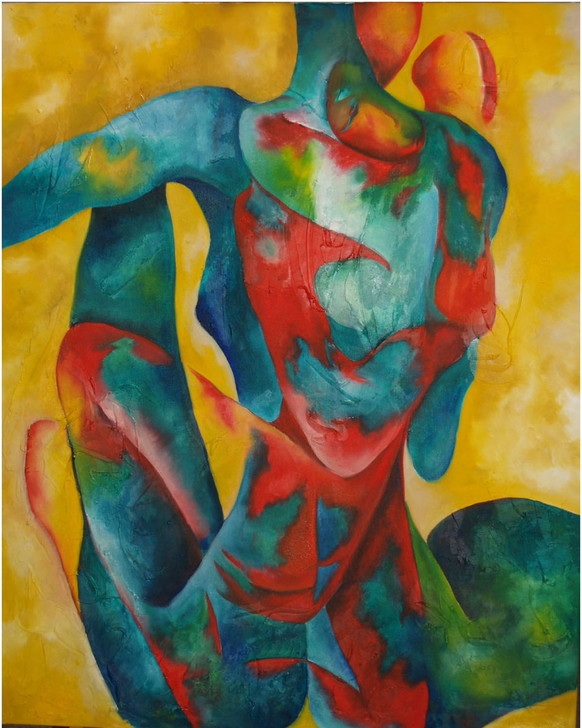 An abstract oil painting with bold, blended colors of blue, red, green, and hints of yellow forming overlapping, intertwined human-like figures. The bodies are fragmented yet connected, creating a sense of movement and intimacy. The background is a warm golden yellow, contrasting sharply with the cool and vibrant tones of the figures.