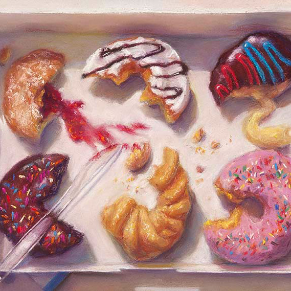 A pastel-colored illustration of a white bakery box containing six partially eaten pastries and donuts. The treats include a pink frosted donut with rainbow sprinkles, a chocolate donut with sprinkles, a jelly-filled pastry with red filling smeared across the box, a croissant-like pastry, a white-frosted donut drizzled with chocolate, and a chocolate-covered pastry with blue and red icing and yellow cream leaking out. A pair of metal tongs rests on one of the donuts. Crumbs and smudges of filling are scattered around the inside of the box.