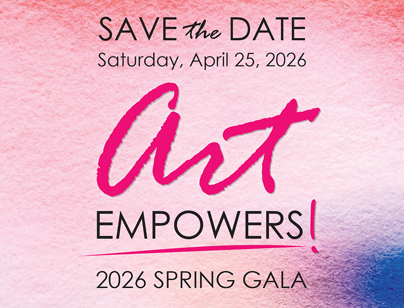 Save-the-date graphic for the Visual Arts Center of New Jersey’s 2026 Spring Gala. The design features a pink and blue watercolor texture background. The text at the top reads “SAVE the DATE — Saturday, April 25, 2026.” The word “Art” appears large in bright pink script, above the word “EMPOWERS!” in black uppercase letters with a pink underline and exclamation point. Below, smaller text reads “2026 SPRING GALA.”