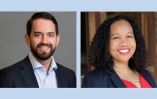 Two professional headshots side by side: on the left, a man with a beard wearing a dark blazer and light blue shirt against a gray background; on the right, a woman with curly hair wearing a navy blazer and red top against a warm, blurred indoor background.