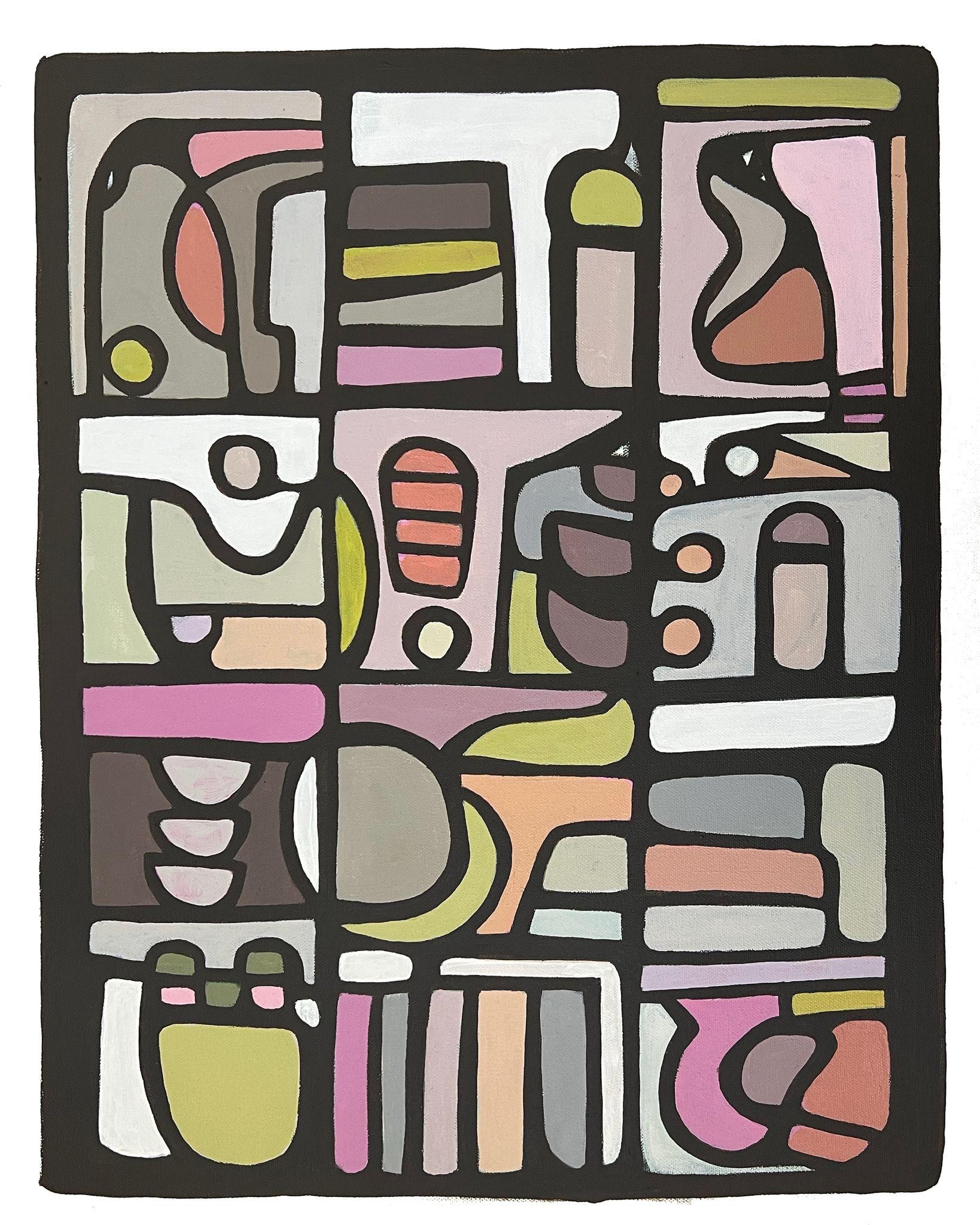 An abstract painting divided into a grid-like arrangement of rectangular cells outlined in thick black lines against a dark background. Each cell contains organic, curving shapes and bold geometric forms rendered in a muted palette of dusty pink, sage green, warm gray, chartreuse yellow, mauve, peach, and terracotta. The shapes suggest everyday objects — bowls, arches, shelves, and vessels — abstracted into flat, interlocking forms reminiscent of stained glass or a stylized cabinet filled with collected items. The overall composition evokes the organized compartments of a hutch or display cabinet.