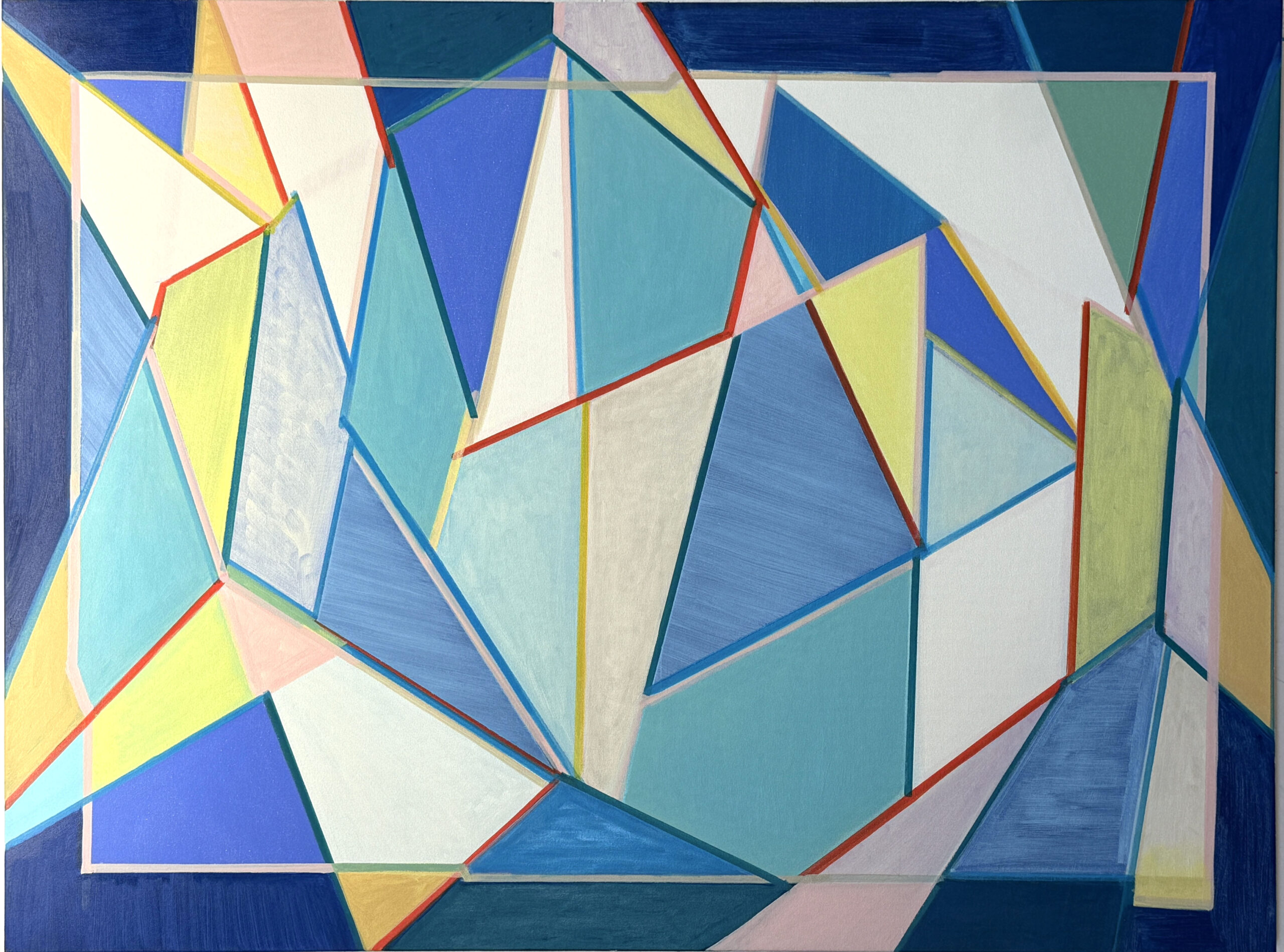 Abstract geometric painting composed of interlocking triangular and angular planes in teal, cobalt blue, mustard yellow, dusty pink, cream, and olive green, outlined in thin red and pink lines against a white background, with a dark navy border framing the composition.