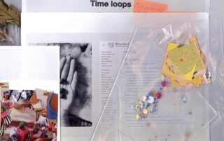 A mixed-media collage/mood board — featuring dried leaves and seeds in a plastic bag, a "Time loops" heading with a handwritten "Collective/(Ancestral?)" note, a Portuguese Wikipedia page on "Pindorama," a black-and-white photo of praying hands, vintage carnival/masquerade imagery, and a cluster of glitter, sequins, and gold paper.