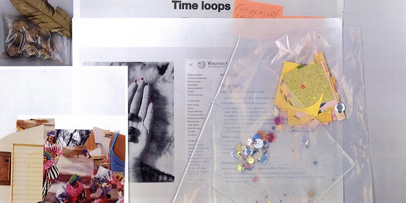 A mixed-media collage/mood board — featuring dried leaves and seeds in a plastic bag, a "Time loops" heading with a handwritten "Collective/(Ancestral?)" note, a Portuguese Wikipedia page on "Pindorama," a black-and-white photo of praying hands, vintage carnival/masquerade imagery, and a cluster of glitter, sequins, and gold paper.