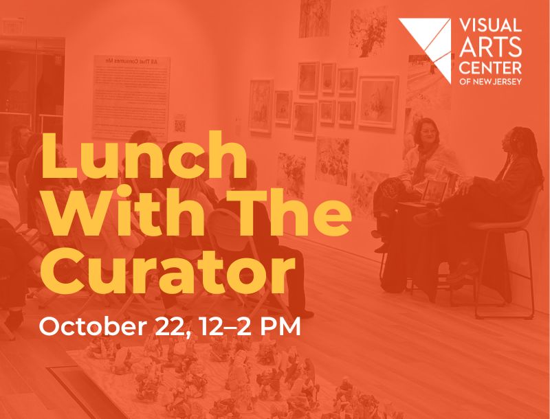 Promotional graphic for 'Lunch With The Curator' event on October 22, 12–2 PM, hosted by the Visual Arts Center of New Jersey. Orange-toned background photo shows people seated in a gallery viewing framed artwork on the walls, with two women in conversation at a small table in the foreground. The Visual Arts Center of New Jersey logo appears in the top right corner.