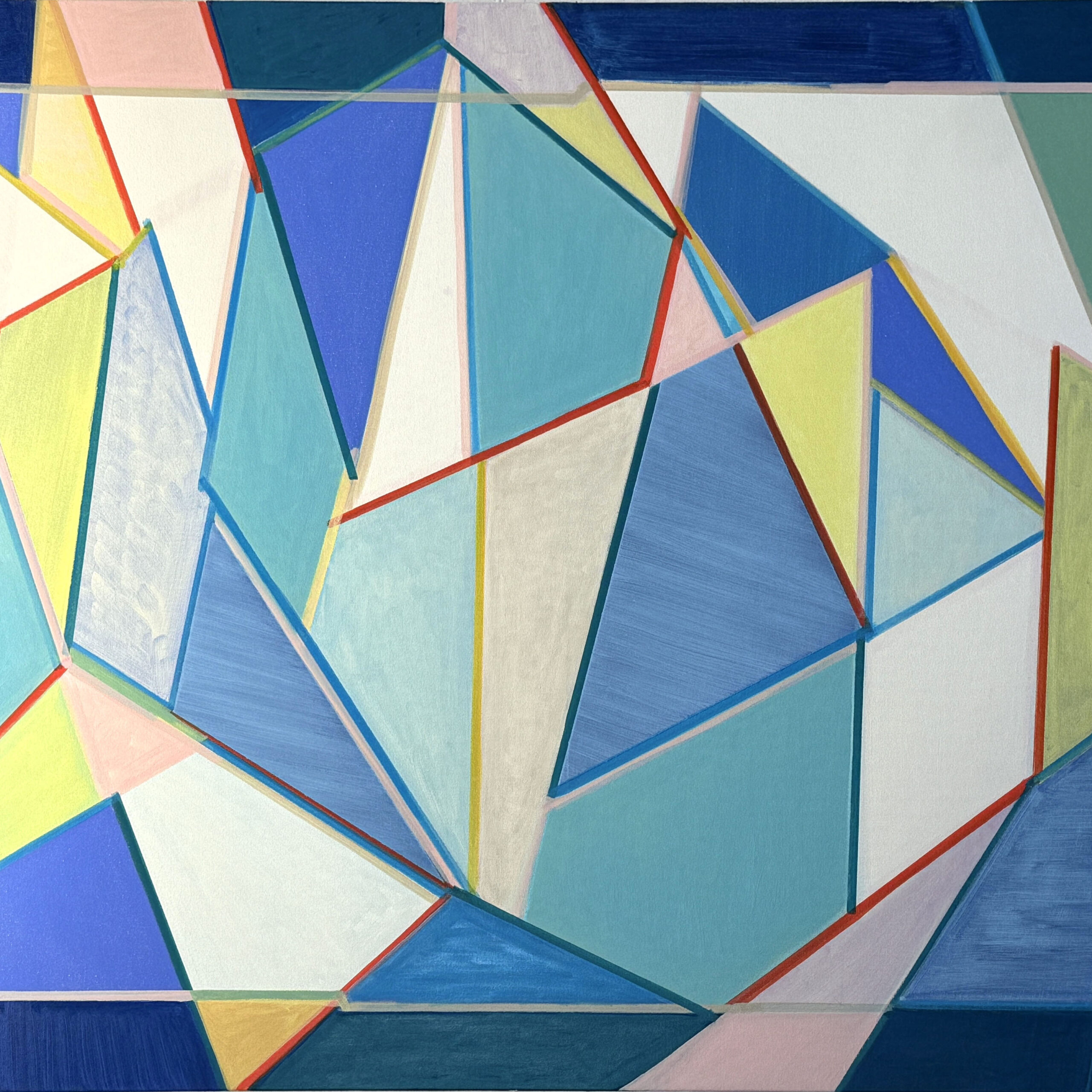 Abstract geometric painting composed of interlocking triangular and angular planes in teal, cobalt blue, mustard yellow, dusty pink, cream, and olive green, outlined in thin red and pink lines against a white background, with a dark navy border framing the composition.