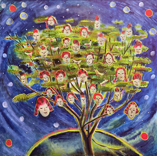 A painting of a stylized tree with a thick brown trunk growing from a dark blue globe, its green foliage filled with dozens of pale, red-haired human faces in place of leaves, interspersed with a few small birds. The night sky background is deep blue with scattered white, yellow, and red circular dots resembling moons or planets.